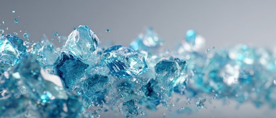 Sparkling blue ice crystals and glass shards in dynamic motion on a light grey background