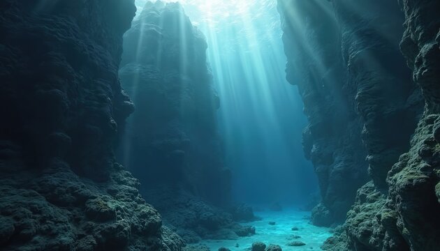 Sunlight pierces ocean water illuminating deep seamount rock formations. Underwater rock cliffs create dramatic scenery. Marine life thrives in deep ocean. Light rays penetrate sea illuminating depth.