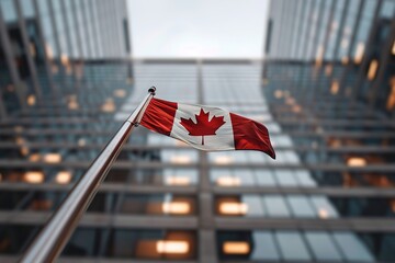 A Canada flag stands tall in front of a glass skyscraper. The reflections on the building show parts of the city skyline and nearby structures in the downtown area