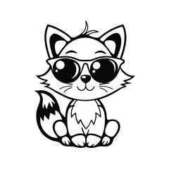 Fox Sitting Cartoon With Sunglasses, Black And White Illustration, Outline Style, Animal Portrait