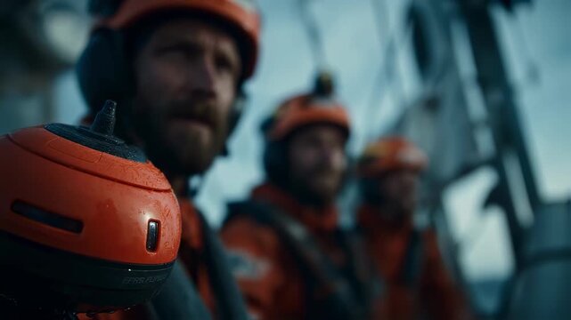A closeup of the EPIRB system as it detaches from its mounting bracket showcasing the devices rugged design and integrated flotation features with the crews focused expressions in the