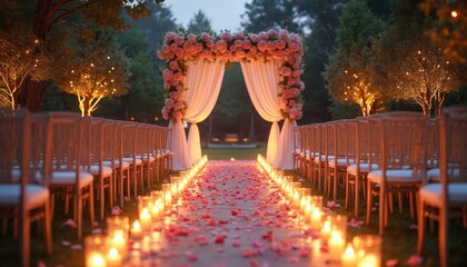 Outdoor wedding ceremony venue with floral arch. Rows of chairs line a petal strewn aisle lit by candles. Soft lights twinkle on trees creating romantic atmosphere. Elegant decor.