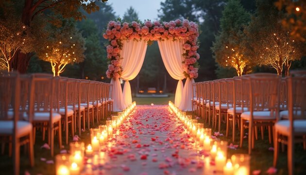 Outdoor wedding ceremony venue with floral arch. Rows of chairs line a petal strewn aisle lit by candles. Soft lights twinkle on trees creating romantic atmosphere. Elegant decor.