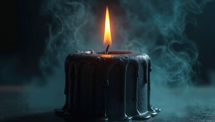 Black candle with dripping wax burns in dark room. Flickering flame gives warm soft light. Smoke swirls around burning candle creating mystic atmosphere for meditation.