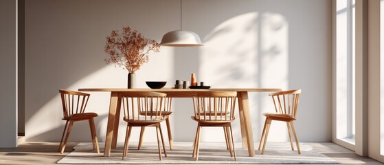 Sunlit modern dining room with wooden table and chairs, minimalist interior design featuring natural light, organic materials, and decorative dried branches