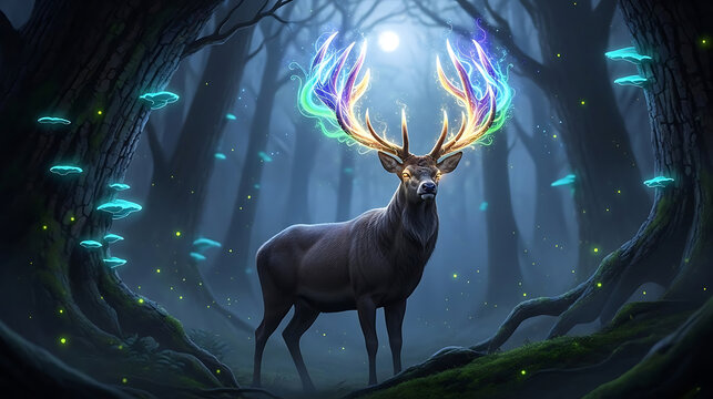 Majestic stag with glowing antlers in enchanted forest - Powered by Adobe