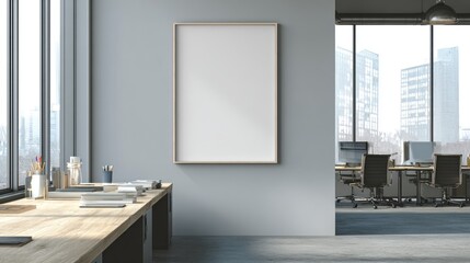 Modern office interior with wooden desk, blank frame mockup, and city view through large software