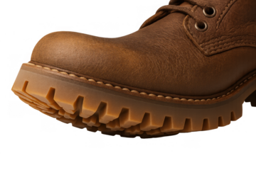 Brown leather classic work boot featuring rugged sole and detailed stitching, highlighting durability and industrial style, transparent background