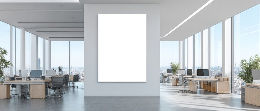 Modern open-plan office interior with blank vertical billboard mockup on wall, featuring city skyline views and contemporary design elements