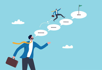 Advice or effective feedback to motivate to success, comment, opinion for career improvement, help or communication to support employee concept, businessman jump on speech bubble advice to success