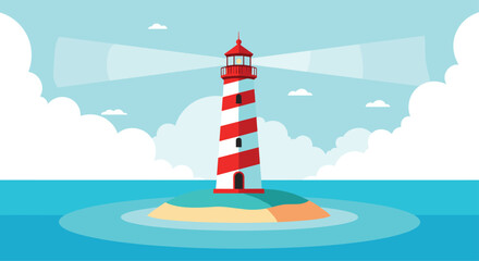 A vibrant, flat design landscape of a red and white striped lighthouse on a small island, shining its light over the sea.
