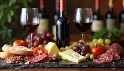 Wine bottles and glasses near cheese salami bread tomato grapes. Table with variety of appetizers and alcohol drinks. Gourmet snack board assortment for party event meeting. Festive winery concept.