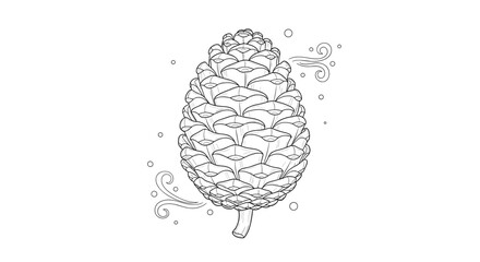 Obraz premium Detailed black and white line art illustration of a single pine cone with whimsical wind swirls, isolated on a white background.