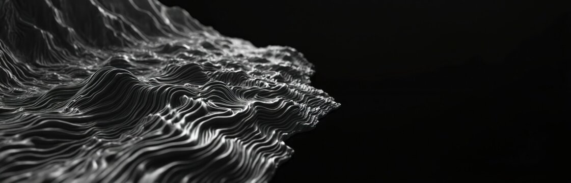 Monochrome abstract topographic map lines form a 3D mountain terrain. Dynamic curves create depth and texture on a dark background. Undulating landscape suggests geology and cartography.