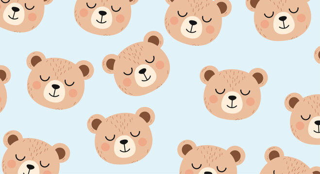Adorable seamless pattern of cute sleeping teddy bear faces with rosy cheeks scattered on a soft light blue background for kids.