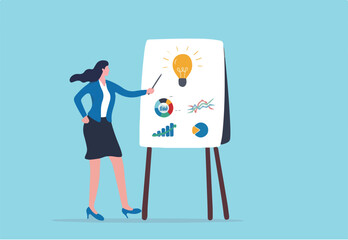 Present idea, explain solution or strategy, intelligence information, business insight for new opportunity, optimization concept, businesswoman presenting new lightbulb idea with graph and chart.