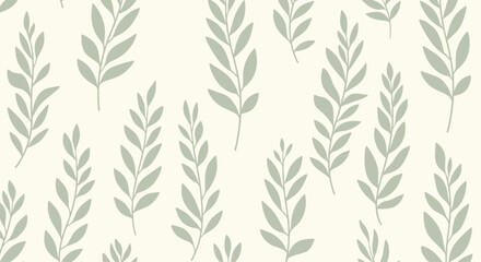 Fototapeta premium Simple seamless botanical pattern featuring delicate light green branches and leaves arranged vertically on a soft off-white background.