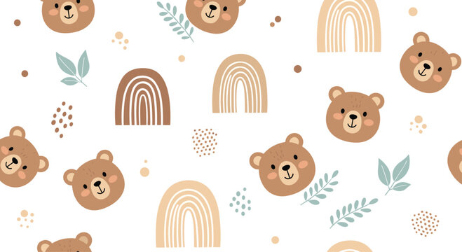 Cute seamless pattern for children featuring teddy bear faces, boho style rainbows, and leaves in a gentle, earthy color palette.