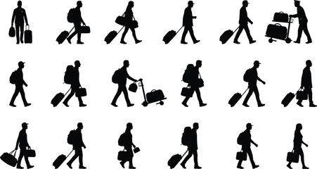 Travelers Silhouettes Collection, People Walking with Luggage, Diverse Men and Women Carrying Bags and Suitcases at Airport Vector