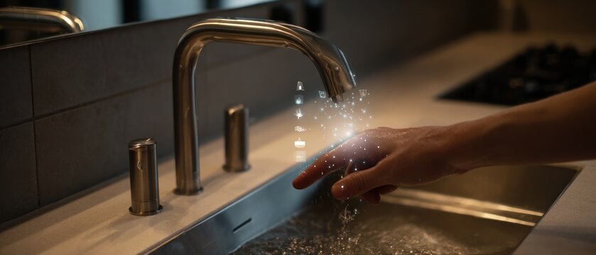 Close-up of a hand interacting with a futuristic kitchen faucet, featuring glowing digital icons for advanced water control and a modern, innovative home experience.