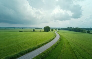 Naklejka premium Aerial shot presents rural road leading through lush green plants landscape under cloudy sky. Scenic route winds through fields with trees. Countryside road trip adventure concept is here.