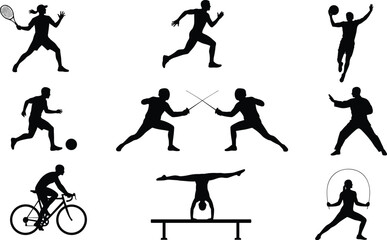 Diverse Sports Activities Silhouettes Collection, Athletes Playing Tennis, Cycling, Climbing, Running, Fencing, and Martial Arts Vector