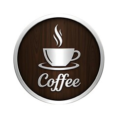 Obraz premium Cafe signage design featuring 3d metallic steaming coffee cup on saucer and text 