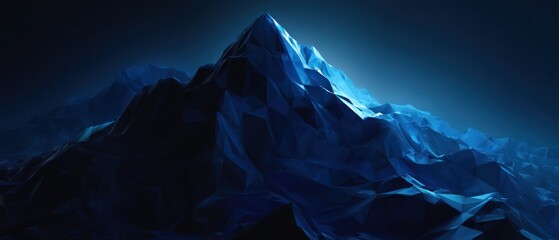 Luminous abstract low poly blue mountain landscape - geometric faceted peaks in digital art