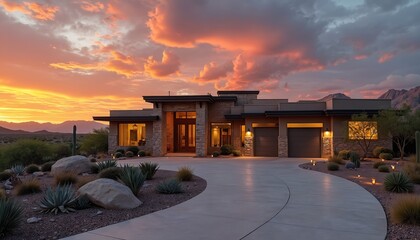 Modern desert home with sleek architecture at sunset. Warm interior lights glow from windows. Stone exterior accents, minimalist landscaping with cacti surround property. Mountains visible in