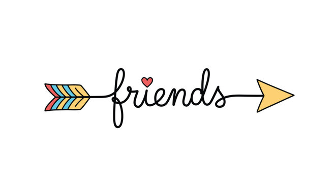 Cute handwritten text 'friends' with an arrow and a heart accent.