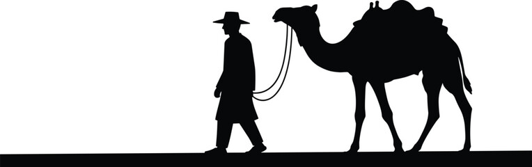 Camel, travel, silhouette, posture, gesture, rope, pack, hat, coat, desert, walk, setup, tradition, rural, transport, journey, environment, vector, black, pose, flavector ©  FIROZ