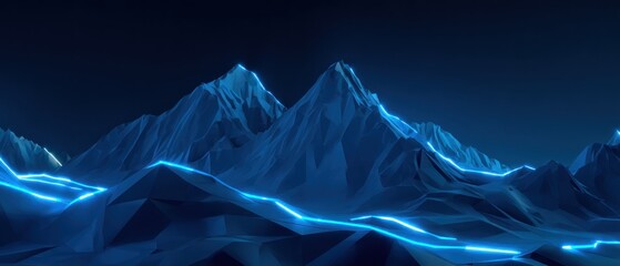 Futuristic low-poly mountain landscape with neon blue light trails
