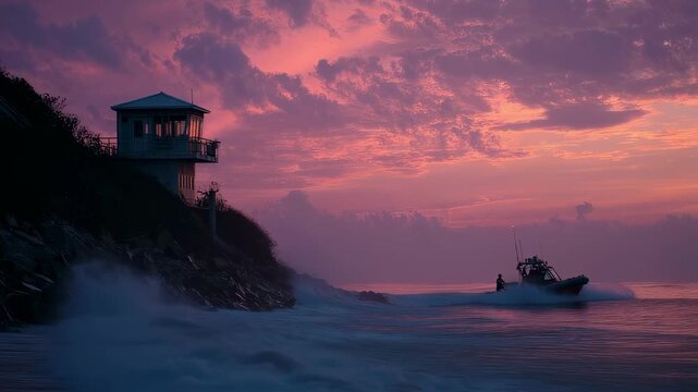 A tranquil sunset scene captures the coastal station silhouetted against a colorful sky while a search and rescue boat heads out from the shore preparing to assist vessels in distress