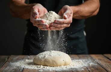 Man hands sift flour onto dough on rustic wooden table. Baker prepares fresh pastry, baking ingredients, making homemade bread or pizza dough, cooking, culinary process, nourishment preparation.