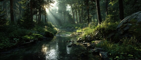 Fototapeta premium Sunlit forest stream with dramatic light rays piercing through lush green trees and reflecting on clear water, creating a serene and magical woodland landscape