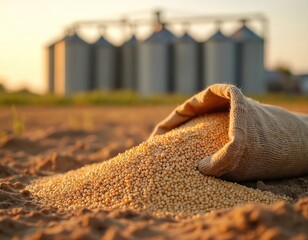 Bag of soybeans spills onto farm ground near storage silos at sunset. Harvested crop ready for processing. Large scale agri business and food production.