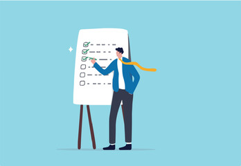 Completed checklist, finishing project tasks or work done conclusion, project management or process plan concept, smart businessman using pen to check on project list checkbox marked as completed.