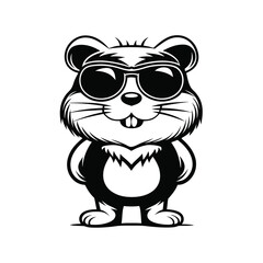 Minimalist Silhouette Hamster with Sunglasses, Black and White, Isolated on White Background