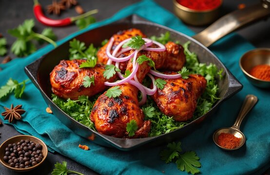 Tandoori chicken pieces served on a platter with fresh greens and red onion rings. Spices and herbs surround this flavorful Indian dish. Delicious meal, perfect for dinner.