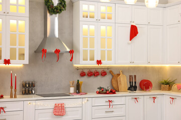 Stylish kitchen with Christmas decor. Interior design