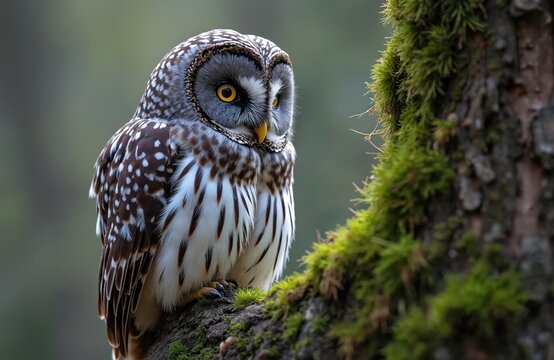 Small boreal owl with white spotted brown feathers perches on mossy tree branch. Nocturnal bird of prey bright yellow eyes, grey face with dark rim. Wildlife creature in natural forest habitat looks - Powered by Adobe