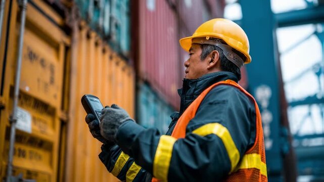 A closeup of a shipping containers barcode being scanned as a worker in safety gear checks the manifest against the containers contents with multiple containers visible in the background.