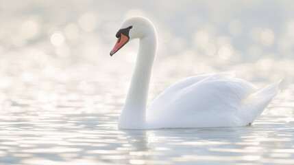 Fototapeta premium 2026 color trend. Elegant swan gliding gracefully on shimmering water, illuminated by golden light, creating a serene and minimalist composition that captivates the viewer's attention