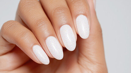 2026 color trend. Elegant hand with white manicure showcasing glossy finish, displaying graceful fingers against a soft background, emphasizing beauty and nail art