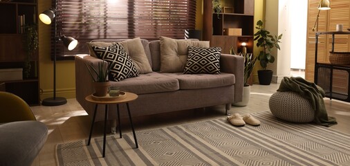Living room interior with comfortable sofa, other furniture and decor