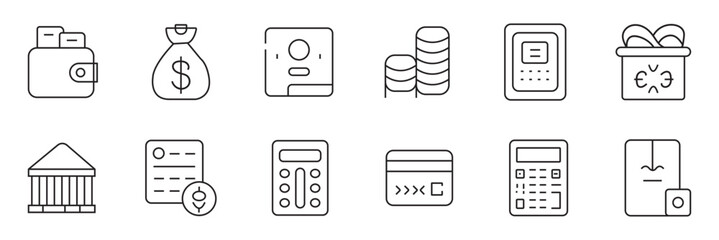 Finance icon set. cash, saving, financial goal, profit, budget, fund, earning money and revenue icons. salary, money, business. Outline icon collection. Editable stroke. Vector illustration