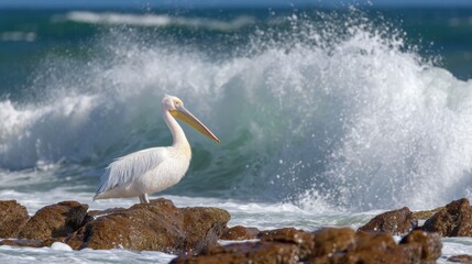 Pelican Stands on Rocks by the Sea as Waves Crash Around It, Symbol of Sacrifice in Christian Tradition