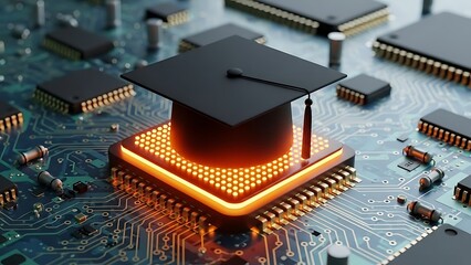 Graduation cap on microchip artificial intelligence machine learning and technology education