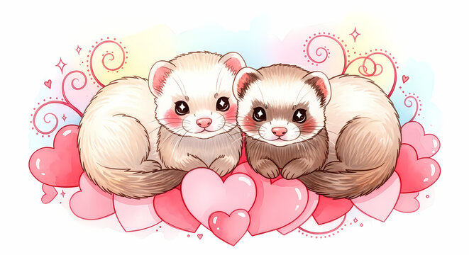 Two Cute Ferrets Cuddling on Pink Hearts, Valentine's Day Digital Watercolor Illustration