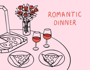 Romantic dinner poster, banner or placard with pizza. Served table for two, couples, lovers in restaurant or home in ink style.